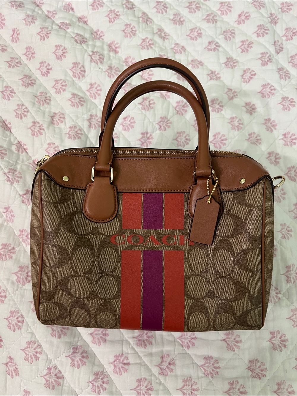 Coach Brown Signature Purse with Red & Pink Center Stripes